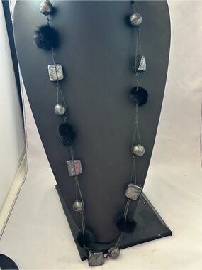 Black Fur Pom-Pom & Acrylic Bead Long Necklace - Women Jewelry